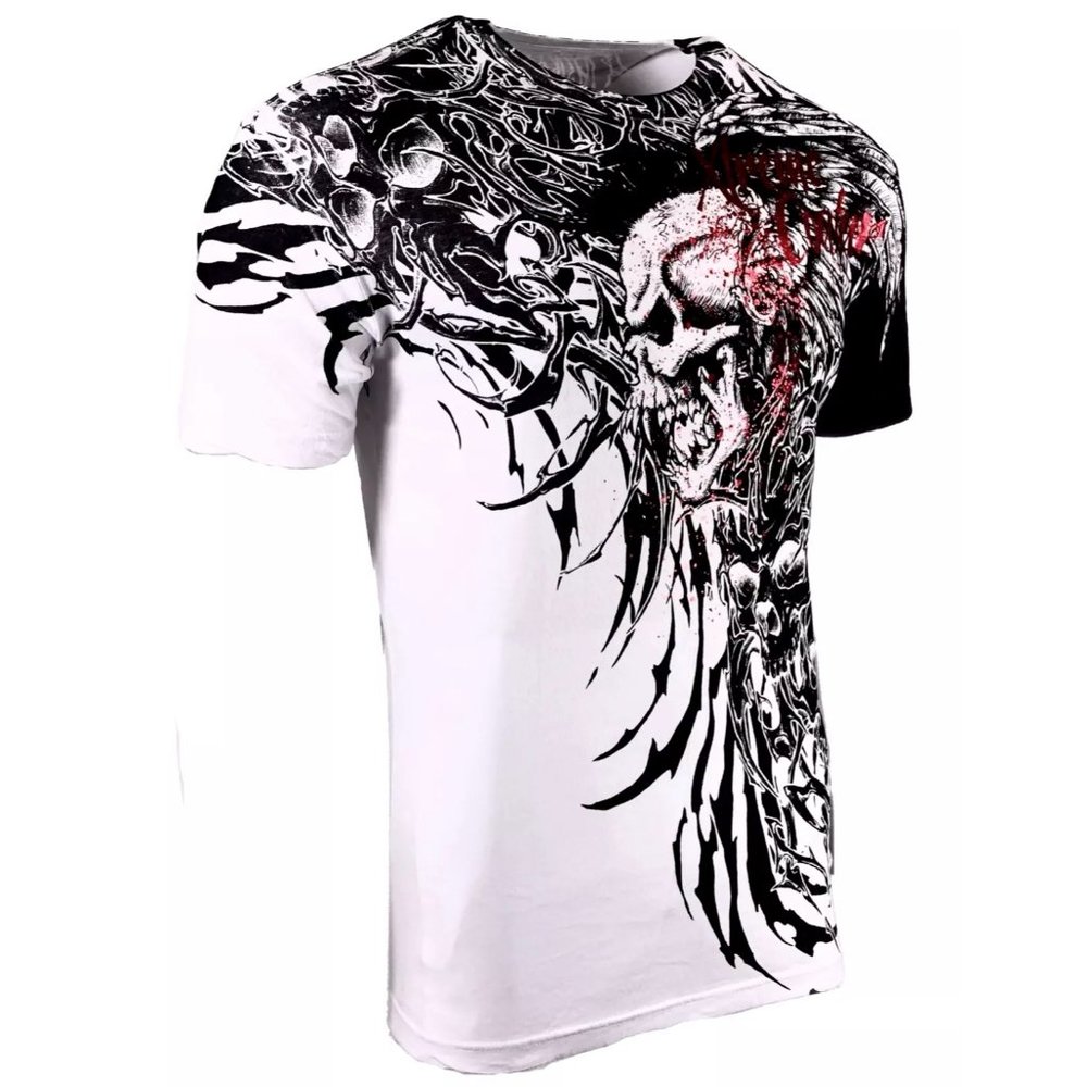 Xtreme Couture Affliction Men's T-Shirt BRUTAL COMBAT White Skull Biker Tattoo - Picture 7 of 8